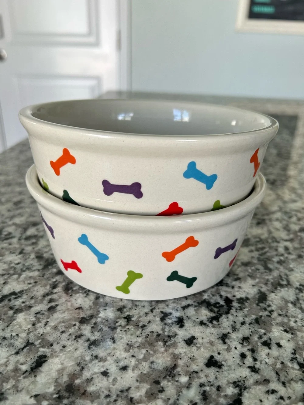Fido’s Diner Multicolor Bone Pattern Ceramic Pet Bowls - Set of 2. NWOT